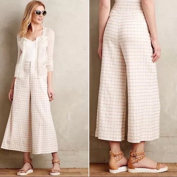 Anthropologie Pants - 💙💛 Anthropologie Elevenses Cream Plaid Windowpane Wide Leg Gaucho Pants 14